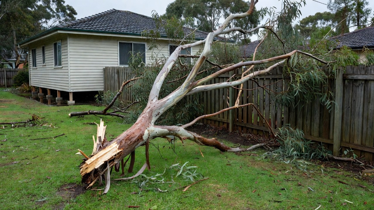 A large fallen tree limb across a suburban yard after a storm in Toowoomba