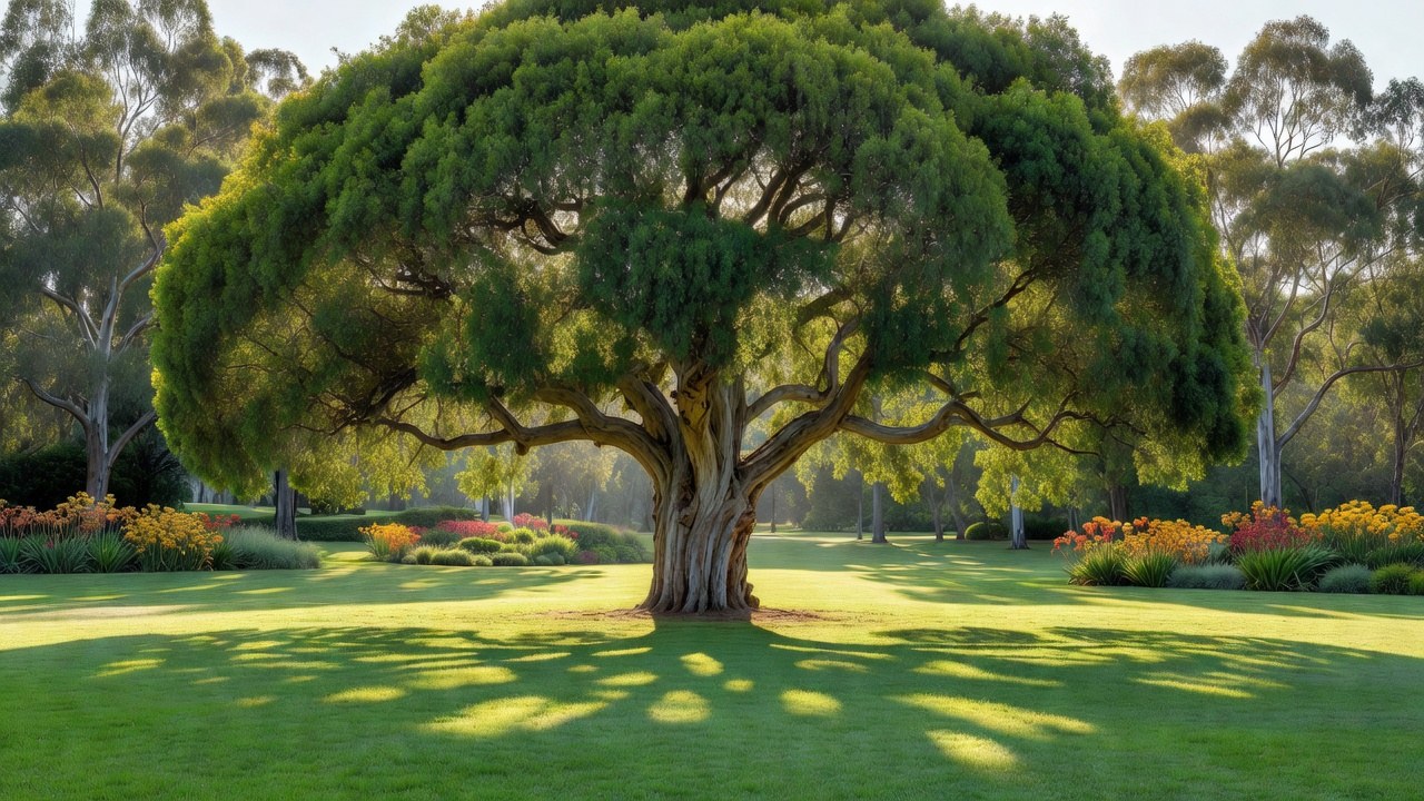 A large well-maintained shade tree with a full even canopy on a manicured park lawn